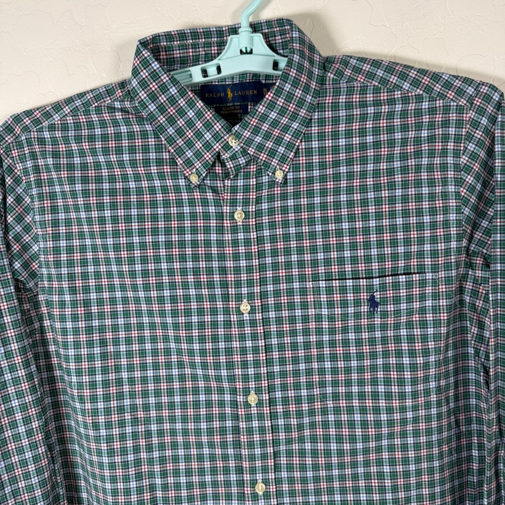 Ralph Lauren Shirt Mens XL Green Plaid Performance Classic Fit Button Down